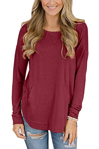 Maroon Tops for Women Cotton Basic Plain Loose Fit Pocket Slit Casual Long Sleeve T Shirt XL