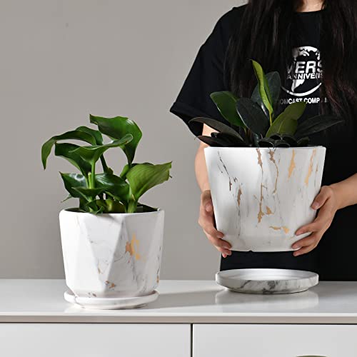 Qzwenxun Ceramic Plant Pots 8.6+7+5.5 Inch Marble Pattern Planters With Drainage Hole And Saucer Flower Pots For Indoor Plants, Set Of 3 (Whitegold) #TOP3