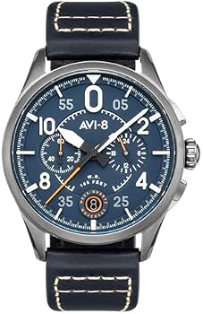 AVI-8 Relógio piloto masculino Spitfire Lock 42 mm cronógrafo azul