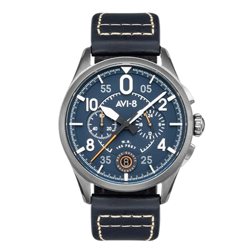 AVI-8 Herren 42mm Spitfire Lock Chronograph Channel Blue Japanische Quarz-Fliegeruhr mit Lederarmband AV-4089-04