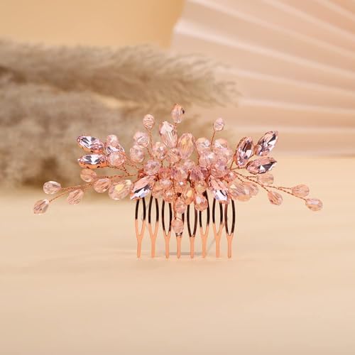 Rumtock Pink Crystal Sparkle Hair Jewelry Side Headpiece for Wedding Brides Bridesmaid Flower Girls Vintage Rhinestones Hair Comb (Pink)