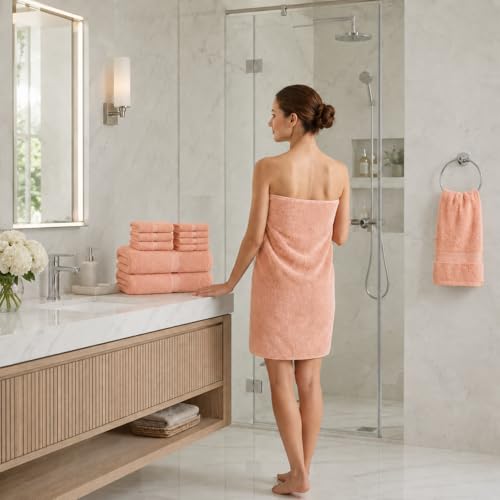 Image of Sulfar 100% Combed Cotton, 8 Pcs Towel Set - 2 Bath Towels (70 x 140 cm), 2 Hand Towels (40 x 70 cm) and 4 Face Towel (30 x 30 cm) (600 GSM, Pack of 8) Tender Peach