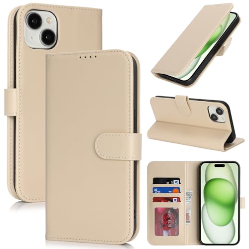 Image of for iPhone 15 Plus Case Wallet with Card Holder,for iPhone 14 Plus Wallet Case for Women Men,PU Leather Shockproof Magnetic Buckle Stand Flip Phone Case-Beige