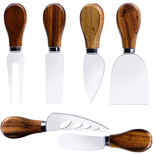 Premium 6-Piece Cheese Knife Set - Complete Stainless Steel Cheese Knives Collection with Teak Wood Handles