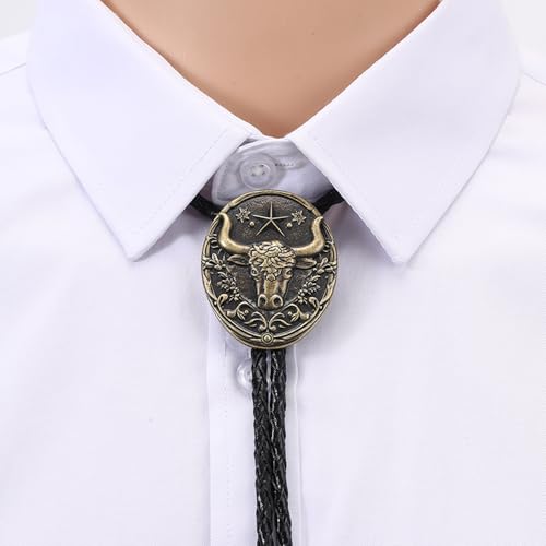 Image of Joxevyia Bolo Tie for Men Vintage Cow Skull Leather Rope Western Cowboy Necktie Vintage Bola Tie Gift for Him