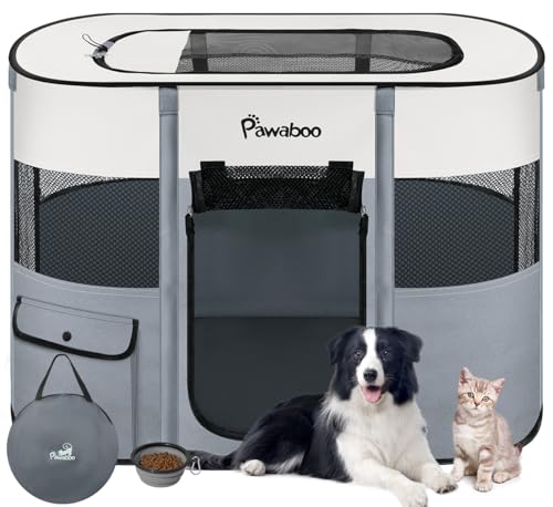 Pawaboo Gabbie per Animali Pieghevole, Recinto per Animali Domestici in Telo Oxford Impermeabile con Rete, Tenda da Gioco per Gatti Cani Cuccioli Portatile per Interno o Esterno, M, Grigio