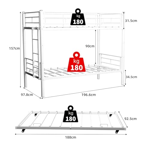 Miniatura 2 de Lubvtti Litera Infantil De Metal Con Cama Extraíble, Convertible En Dos Camas Individuales, Cama Infantil De 90x190 Cm Con Escalera Y Barandilla A-Blanco