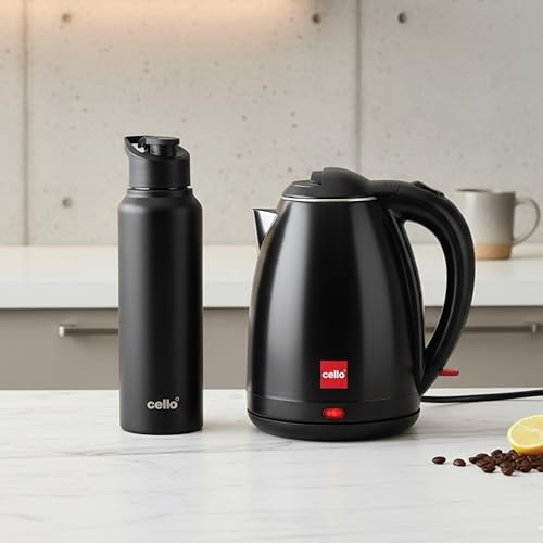 Image of CELLO Pluto Quick Boil Stainless Steel Electric Kettle 1.5L + Sippa Steel Water Bottle 1000ml Combo | Double Wall Cool Touch Outer Body, Auto-Shut Off Protection |Electric Kettle For Boiling Hot Water