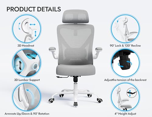 Ergalithic Ergonomic Office Chair Computer Desk Chair Comfy, Gaming Chair, Office Chair with Lumbar Support, Mesh Office Chairs with Headrests, Desk Chair for Long Hour(Grey) image 2