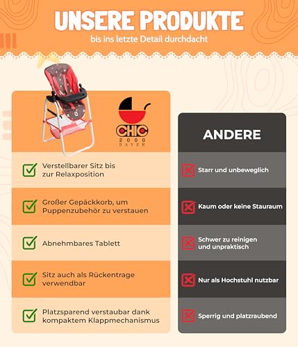 Bayer Chic 2000 - Puppenhochstuhl für Kinder von 3-8 Jahren, Hochstuhl für Puppen, Puppenmöbel, Puppenzubehör, Konfetti pink, 655-84