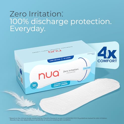 Image of Nua Everyday Comfort Panty Liner for Women Daily Use | Pack of 80 liners 190mm | For White Discharge, Spotting & Non Period Leakages | Individually Wrapped | Zero Irritation | Super-thin | Stays in Place | Instant Absorption | Softest Top sheet | 100% Toxic-Free | Panty Liner Pads Sanitary Napkins
