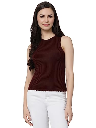 Image of Kalt Womens Knitted, Ribbed Cotton Fitted Sleeveless Round Neck Cami Tank Top