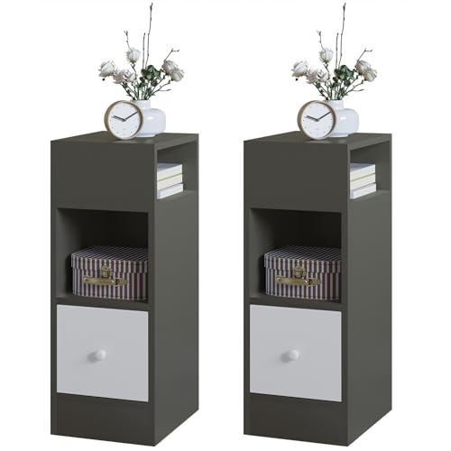{Mesitas de Noche Modernas Grises Mesitas de Noche Modernas EUGAD 2X Mesitas de Noche con 2 Compartimentos y 1 Cajón, 25x30x66 cm, Mesilla de Noche Estrecha Dormitorio, Estilo Moderno,...