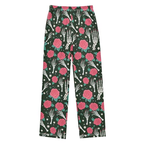 Pajama Pants Lounge Sleep PJ Bottoms Sleepwear Elastic Waist Drawstring S Skeleton Rose
