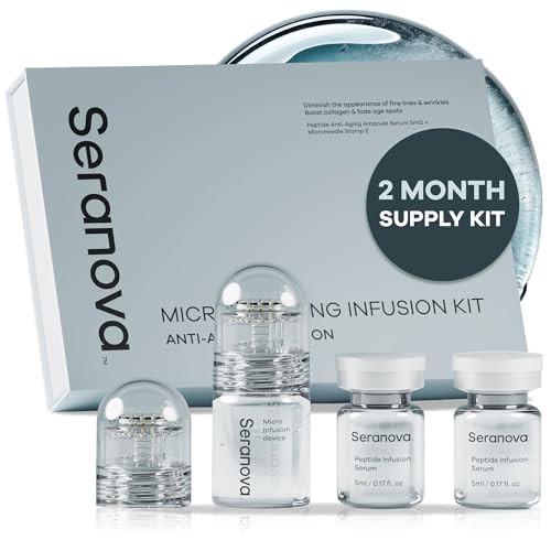 Seranova Micro Infusion System for Face & Neck 0.05mm Stamp with Hyaluronic Acid & Collagen Peptide Serum for Firmer Smoother-Looking Skin, Easy 5-Minute At-Home Skin Care Application - 2 Month Supply