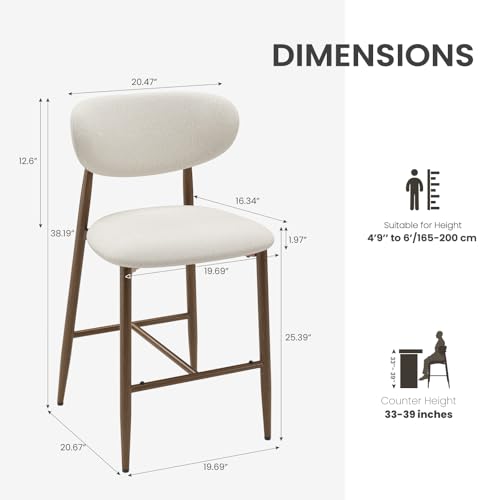 Image of MALOL Bar Stools Set of 2, Upholstered Counter Height bar stools with Backs and Metal Legs, Modern Kitchen Bar Stools for Kitchen Island, Counter, Beige