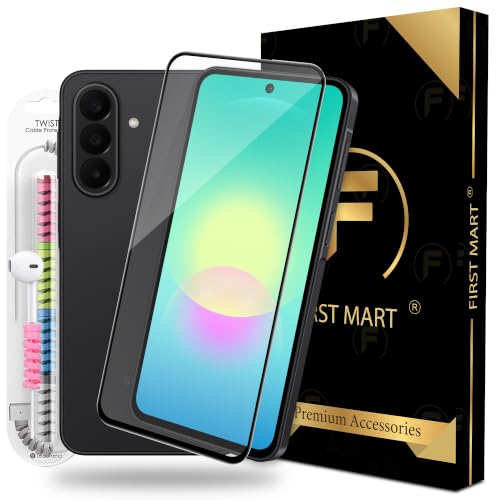Image of FIRST MART Tempered Glass for Samsung Galaxy A27 5G, 9H 0.3 mm Full-Glue Screen Protector with Cable Protector, 3D Edge-to-Edge, HD Clear, Case-Friendly, Black, Pack of 1