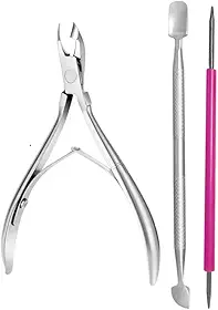 Kit Conjunto de Alicate para Cutículas, Espátula em Aço Inox 420 e Palito revestido rosa em aço inox 420