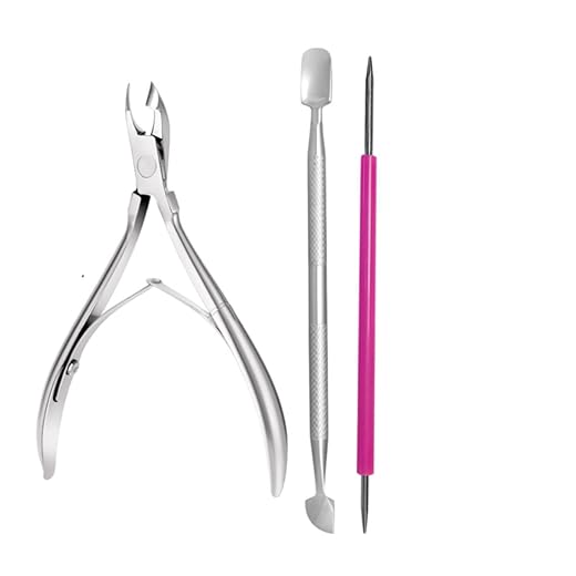 Kit Conjunto de Alicate para Cutículas, Espátula em Aço Inox 420 e Palito revestido rosa em aço inox 420