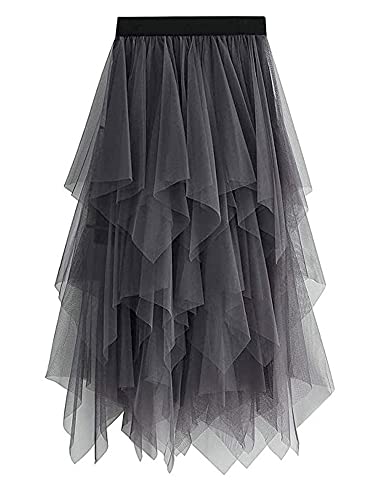 YILEEGOO Women's Tulle Skirt High Waist Tiered Layered Mesh Ballet Prom Party Tulle Tutu A-line Midi Skirt (Grey, ONE Size)