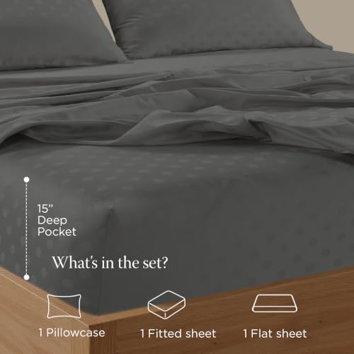 Image of Threadmill Cotton Twin XL Sheet Set | 100% Cotton Sheets for Twin XL Size Bed | Damask Jacquard Sateen Twin XL Bed Sheets Set with 16 inch Deep Pocket | Soft Breathable 3-Piece Cooling Sheets | Dark Grey