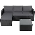 Shintenchi Outdoor Patio Furniture Sets, Small Outdoor Sofa Patio Sectional Sets 3-Piece All Weather Wicker Rattan Patio Seating Sofas with Glass Coffee Table and Cushion (Gray)
