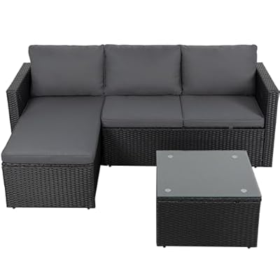 Shintenchi Outdoor Patio Furniture Sets, Small Outdoor Sofa Patio Sectional Sets 3-Piece All Weather Wicker Rattan Patio Seating Sofas with Glass Coffee Table and Cushion (Grey)