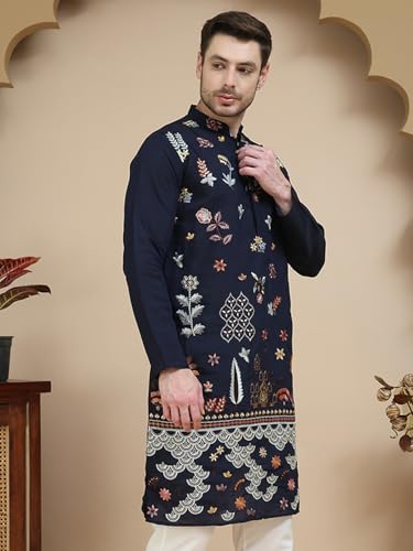 Image of Jompers Floral Embroidered and Sequins Kurtas (Navy Blue, XXL)