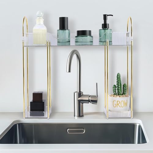 2 Tiers Bathroom Countertop Organizer Clear Makeup Skincare Storage Over Faucet Spice Rack Table Narrow Counter Organisation Shelf for Dresser, Vanity