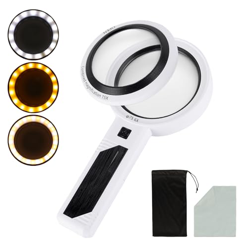 Yerepk 6X/15X Magnifying Glass with Light, lighted magnifying glass for Reading, Handheld Magnifier with 30 LED Light and Anti-Glare Lens, Ideal Gift for Seniors, Macular Degeneration, Low Visions
