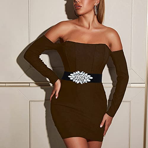 E-Clover Fashion Floral Rhinestone Buckle Women's Elastic Waist Cinch Belt For Dress For Waist Size 25''-32'' (White Rhinetsone) #TOP3