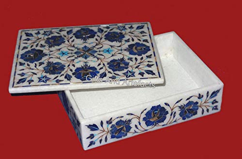 Boîte à bijoux marbre blanc grand format et incrustation lapis-lazuli