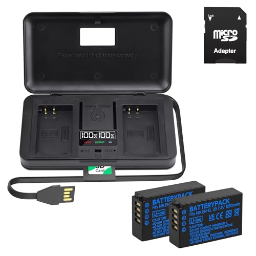Kit 2 Batterie EN-EL20 + Caricabatterie USB LCD Doppio Per Nikon Coolpix P950, P1000, 1 J1, J2, J3 E Altre