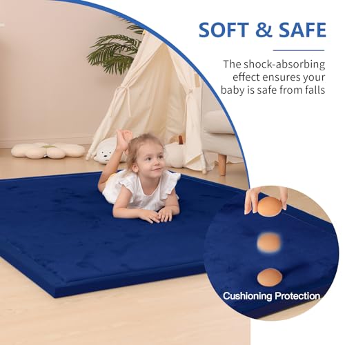 Image of Baby Play Mat for Floor,1.3 inch Thick Memory Foam Tummy Time Mat,Soft Coral Velvet Nursery Rug,Extra Large Non Slip Crawling Mats for Living Room(Dark Blue)