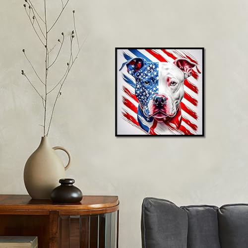 Image of 4th of July DIY 5D Diamond Painting Kits for Adults, American Flag Pitbull Dog Diamond Art Kits for Beginners, Full Drill Round Diamond Painting Independence Day Patriotic Wall Decor 13.8x13.8 Inch