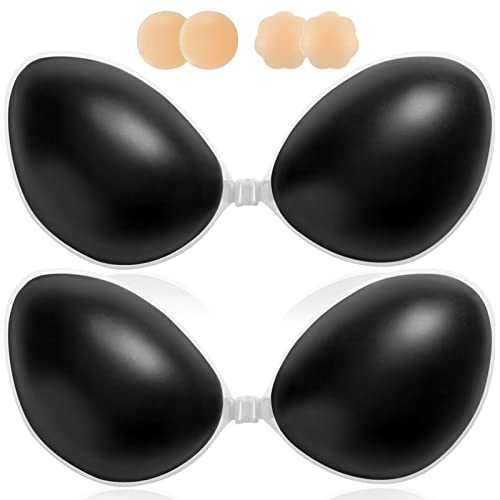 Adhesive Bra Sticky Bra Push Up 2 Pairs, Invisible Silicone Bra,Backless Strapless Bra For Large Breasts With Pasties Nipple Covers For Women（Black+Black/B） #TOP6