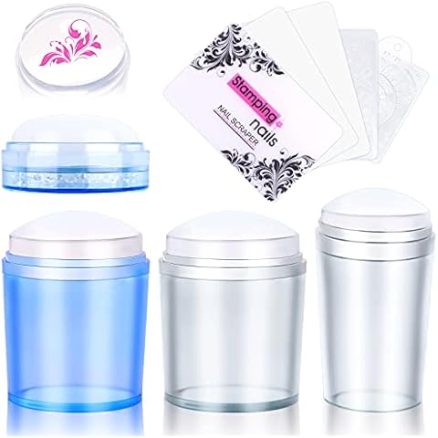 4 Pcs Different Nail Art Stamper, TOROKOM Clear Blue Silicone Stamping Jelly with 5 Nail Scrapers Cap Transparent Visible Body Image Transfer Manicure Tools for DIY Nail Decor(4 Styles) Cover