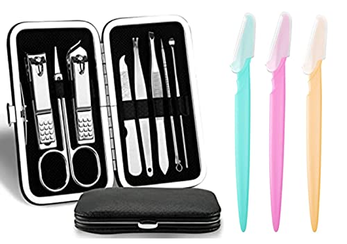 Manicure Pedicure Kit for Women and Men Nail Cleaner Nail Cutter Nail Filer Scissor Nail Cleaning Knife Set Manicure Pedicure Tools Kit 7 in 1 Grooming Care Kit with 3 Pcs Eyebrow Razors
