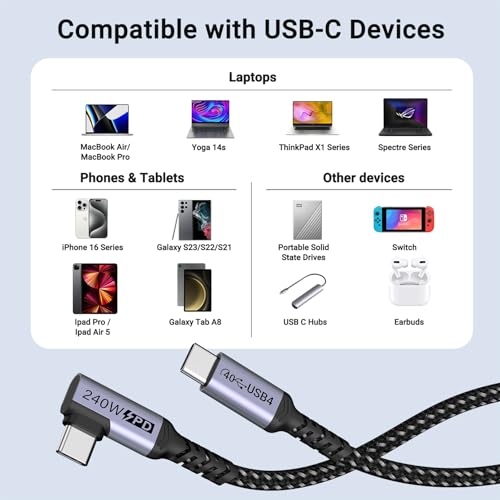 SUMPK Short USB 4 Cable Right Angle [1.5FT 2 Packs], 240W Fast Charging with High Speed 40Gbps Data Transfer and 8K Video Display Compatible with iPhone 16/16 Plus/16 Pro Max, MacBook, Galaxy S23 by SUMPK - Image 8