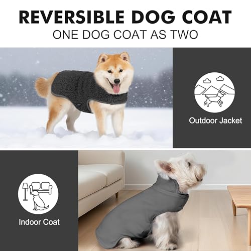 Image of cyeollo Sherpa Dog Coat Reversible Dog Jackets for Small Dogs, Dark Gray, L | Warm Fleece Winter Sweater, Turtleneck Pet Vest, Adjustable Fit, Easy On & Off, Leash Hole for Cold Weather Outdoor Walks