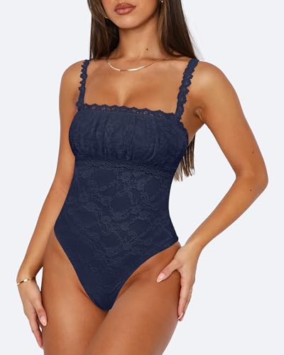 Saslax Women's Sexy Square Neck Lace Sleeveless Bodysuit Tank Tops Double Lined Body Suit Thong Outfits