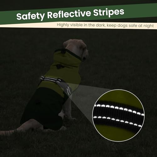 Image of BRKURLEG Dog Raincoat, Waterproof Rain Jacket with Hood, Green, XXL | Adjustable Windproof Rainproof Jacket with Leash Hole, Reflective Breathable Rain Coat Poncho, for Small to Large Dogs