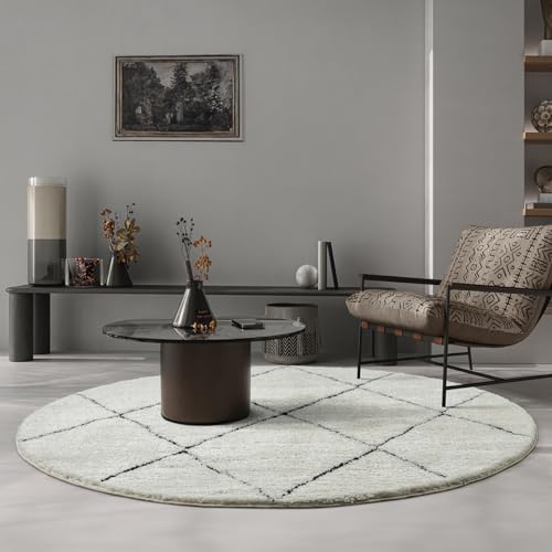 the carpet Bahar Shaggy – Weicher Hochflor Teppich, moderner Flauschiger & kuscheliger Wohnzimmer Teppich, eleganter Designer Shaggy, pflegeleicht und strapazierfähig, Creme-Schwarz, 160 cm Rund