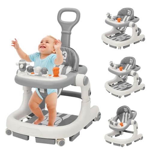 Siairo Andador Bebe 3 en 1, Multifunción Baby Walker con diseño anti-rollover y altura ajustable,Caminador de empuje sensorial con luces/música, 6-18 meses (Gris)