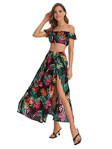 Floerns Women's Two Piece Outfit Floral Crop Top and Split Long Skirt Set