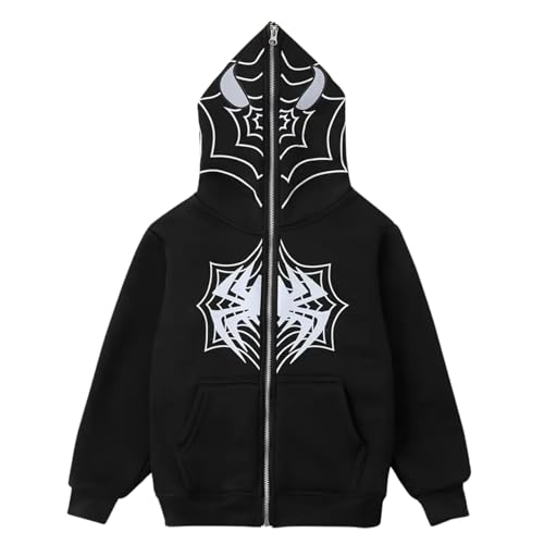 BOVOSHA Sudadera con capucha para niños con estampado divertido y cremallera de manga larga, Negro, 12-14 años