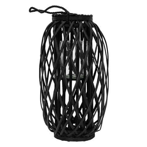 ECD Germany Laterne Ried 50 x Ø28 cm mit Henkel, Schwarz, Seilfaser, Flechtoptik, Rattan Windlicht mit Glaseinsatz, Retro-Laterne Korbgeflecht, Handgeflochtene Gartenlaterne Kerzenhalter Kerzenständer