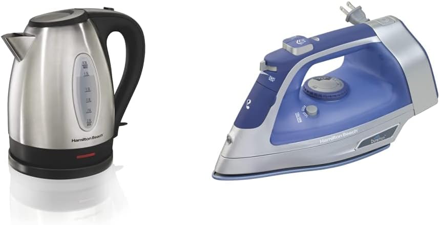 Hamilton Beach Electric Tea Kettle, Water Boiler & Heater, 1.7 L, Cordless, Auto-Shutoff and Boil-Dry Protection & Steam Iron & Vertical Steamer for Clothes,1500 Watts, Blue