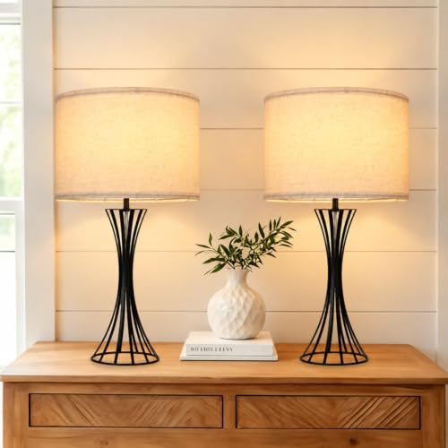 SOTTAE Black Table Lamps Set of 2, 21.6" Modern Farmhouse Bedside Lamps, Black Hourglass Open Metal Frame Nightstand Lamps with Linen Drum Shade, E26 Socket, Accent Table Lamp for Bedroom Living Room