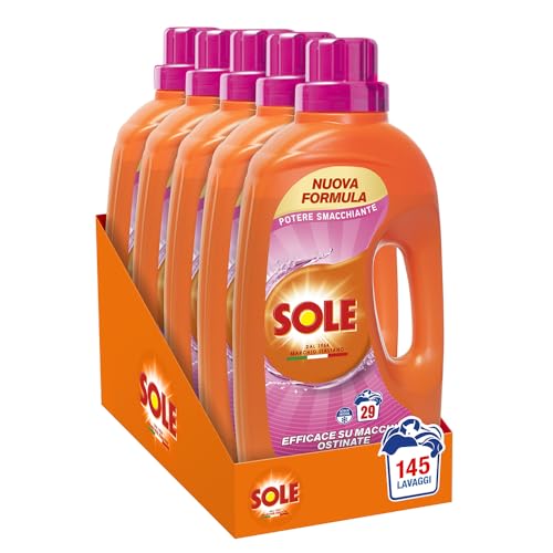 Sole Detersivo Lavatrice Lavanda Potere Smacchiante 145 Lavaggi, (5x29), Formula igienizzante, Detersivo Lavatrice Liquido Potere Smacchiante, rimuove le macchie a basse temperature